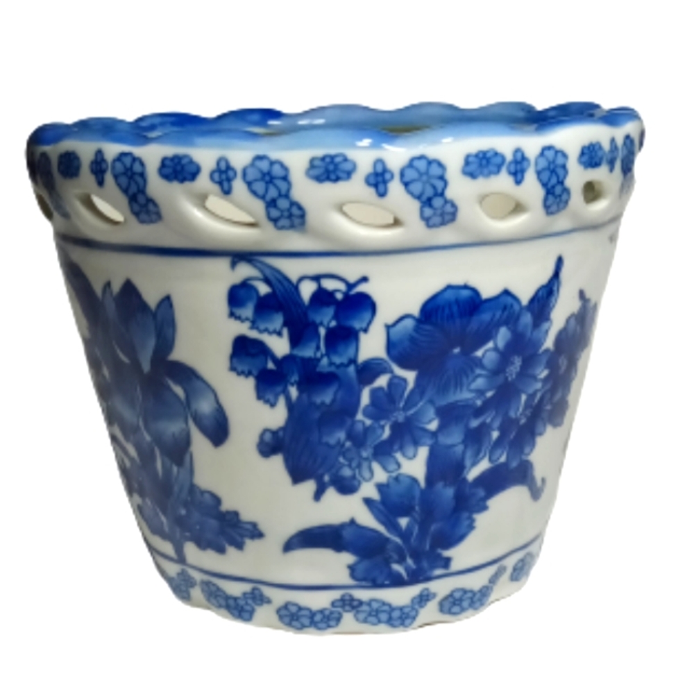 Mid Century Chinoiserie Ceramic Blue White Planter